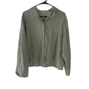 Kathie Lee Vintage 90s Women Size XL Green Linen Blend Embroidered Button Blouse